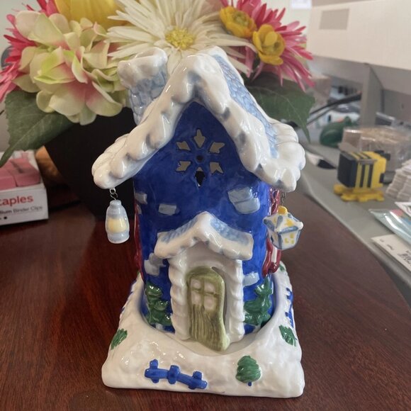 Target Other - Target Christmas Cottage Tealight Candle Holder, Blue & White